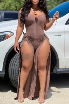 Coffee Sexy Casual Solid Hollowed Out Patchwork Slit V Neck Regular Jumpsuits