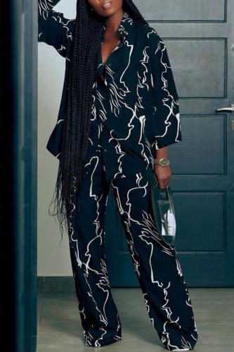 Black Casual Print Patchwork Turndown Collar Long Sleeve Two Pieces
