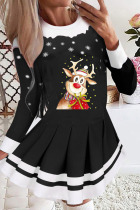 Black Casual Print Patchwork O Neck A Line Dresses