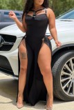 Black Sexy Casual Solid Hollowed Out Patchwork Slit V Neck Regular Jumpsuits