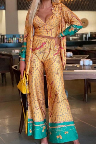 Yellow Casual Print Patchwork Turndown Collar Long Sleeve Three-piece Set