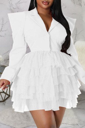 White Casual Street Solid Patchwork Turn-back Collar A Line Dresses