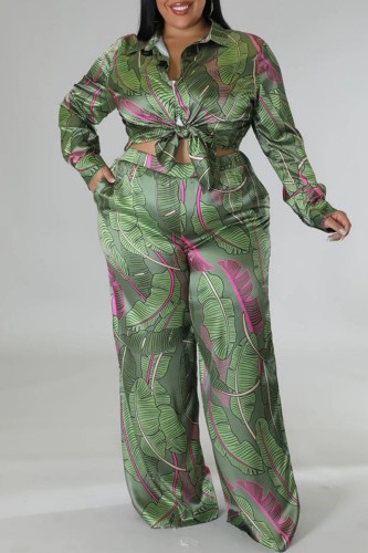 Green Casual Print Basic Turndown Collar Plus Size Two Pieces