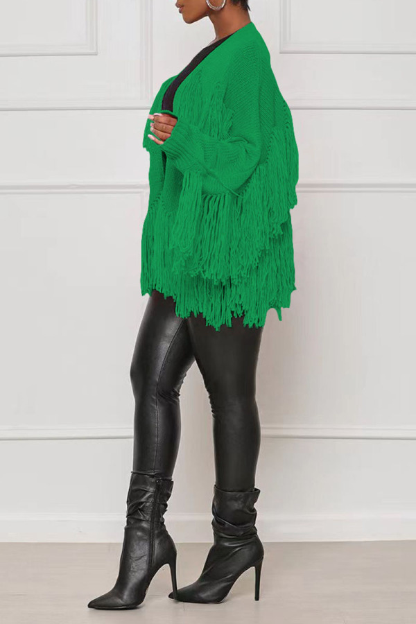 Casual Geometric Print Tassel Cardigan Collar Outerwear
