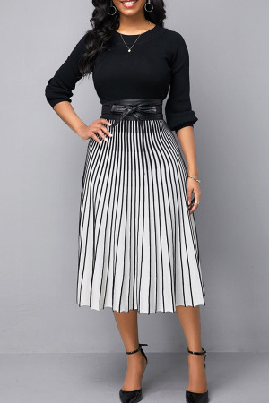 Black Casual Striped Print Patchwork O Neck A Line Dresses