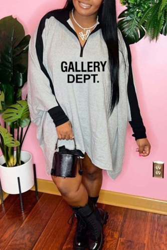 Grey Casual Letter Print Patchwork Zipper Collar Long Sleeve Dresses