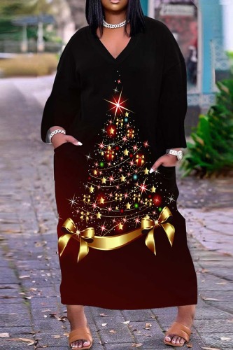 Black Red Casual Print Basic V Neck Long Sleeve Dresses