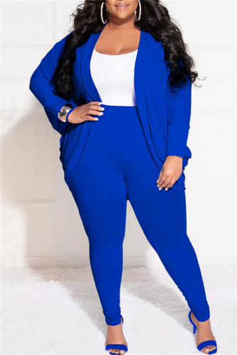 Blue Casual Solid Cardigan Pants Cardigan Collar Plus Size Two Pieces