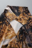 Leopard Print Sexy Casual Print Bandage V Neck Long Sleeve Dresses