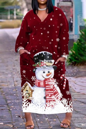 Deep Red Casual Print Basic V Neck Long Sleeve Dresses