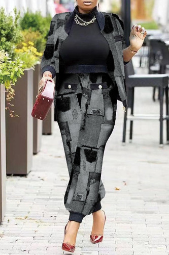Dark Gray Fashion Casual Print Patchwork Long Sleeve Two Pieces