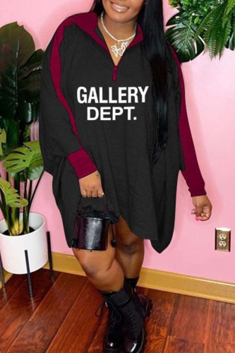 Black Casual Letter Print Patchwork Zipper Collar Long Sleeve Dresses