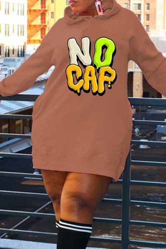 Deep Coffee Casual Print Patchwork Hooded Collar T-shirt Dress Dresses