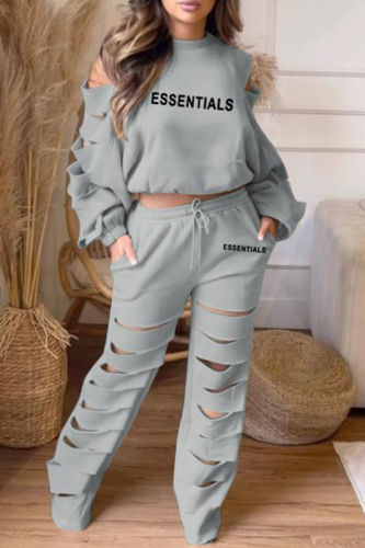 Silver Gray Casual Letter Print Hollowed Out O Neck Long Sleeve Two Pieces