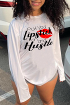 White Casual Street Lips Printed Patchwork Letter O Neck Tops