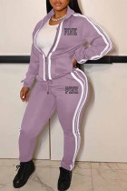 Purple Casual Print Letter Zipper Collar Long Sleeve Two Pieces