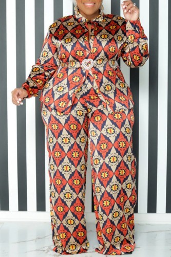 Orange Casual Print Basic Turndown Collar Plus Size Two Pieces