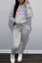 Grey Casual Print Letter Hooded Collar Long Sleeve Two Pieces