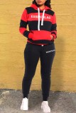 Black Casual Striped Letter Hooded Collar Long Sleeve Two Pieces