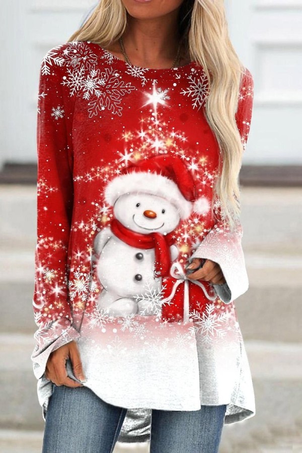 Red Casual Snowman Printed Basic O Neck Tops
