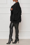 Black Casual Solid Tassel Patchwork Cardigan Collar Outerwear