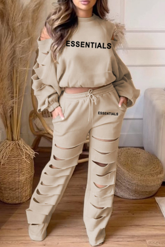 Apricot Casual Letter Print Hollowed Out O Neck Long Sleeve Two Pieces