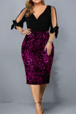 Blue Sexy Casual Patchwork Hollowed Out V Neck Pencil Skirt Dresses