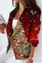 Deep Red Casual Print Cardigan Turn-back Collar Outerwear