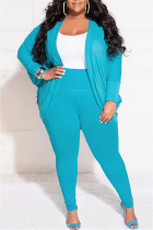 Sky Blue Casual Solid Cardigan Pants Cardigan Collar Plus Size Two Pieces