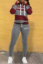 Burgundy Casual Striped Letter Hooded Collar Long Sleeve Two Pieces