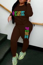 Coffee Casual Letter Print Basic Hooded Collar Long Sleeve Two Pieces