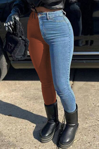 Dark Brown Casual Solid Patchwork High Waist Denim Jeans