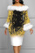 Gold Elegant Print Patchwork Feathers Off the Shoulder One Step Skirt Dresses