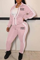 Pink Casual Print Letter Zipper Collar Long Sleeve Two Pieces