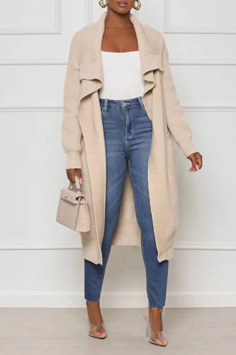 Apricot Casual Solid Patchwork Cardigan Collar Outerwear