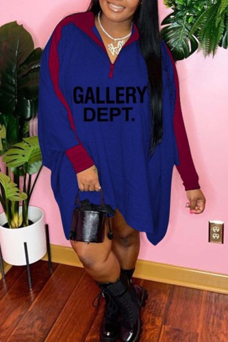 Deep Blue Casual Letter Print Patchwork Zipper Collar Long Sleeve Dresses