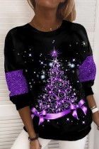 Black Purple Casual Print Patchwork O Neck Tops