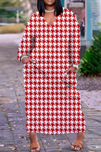 Red White Casual Print Basic V Neck Long Sleeve Dresses