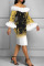 Red Elegant Print Patchwork Feathers Off the Shoulder One Step Skirt Dresses