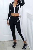 Black Street Print Patchwork Letter Zipper Collar Long Sleeve Two Pieces