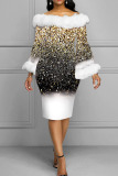 Black Gold Elegant Print Patchwork Feathers Off the Shoulder One Step Skirt Dresses