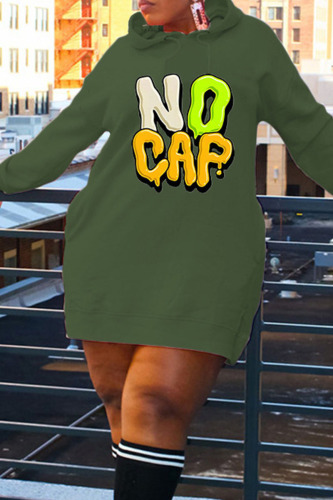 Army Green Casual Print Patchwork Hooded Collar T-shirt Dress Dresses