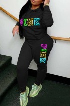 Black Casual Letter Print Basic Hooded Collar Long Sleeve Two Pieces