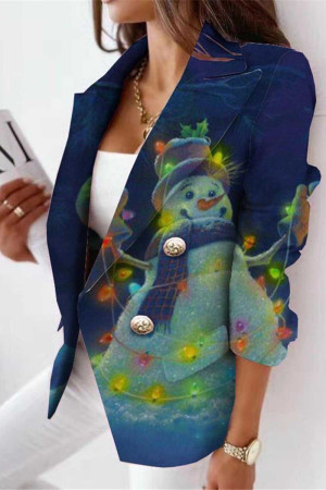 Dark Blue Casual Print Cardigan Turn-back Collar Outerwear