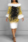 Gold Elegant Print Patchwork Feathers Off the Shoulder One Step Skirt Dresses
