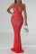Red Sexy Patchwork Hot Drilling See-through Backless Spaghetti Strap Evening Dress Dresses