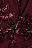 Burgundy Sexy Solid Tassel Embroidered Patchwork Backless Oblique Collar One Shoulder Dress Dresses