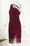 Burgundy Sexy Solid Tassel Embroidered Patchwork Backless Oblique Collar One Shoulder Dress Dresses