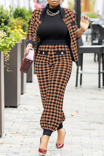 Khaki Fashion Casual Print Patchwork Long Sleeve Two Pieces