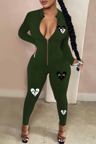 Army Green Street Print Patchwork Zipper Collar Jumpsuits